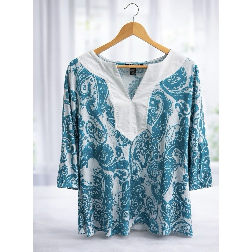 LRL Lauren Ralph Lauren Popover Tunic Top Teal White Paisley 100% Cotton Size 1X - Picture 2 of 12